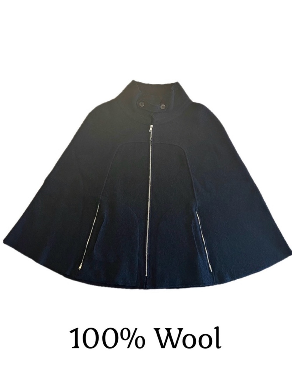 Michael Simon Zip Up Wool Cape with Zipped Pockets & Removable Neck Tab XL